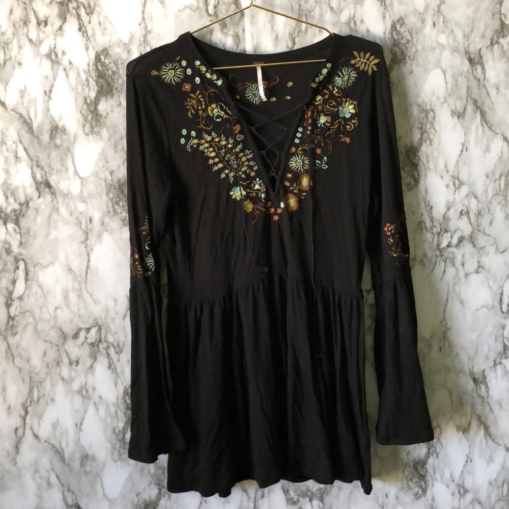 Embroidered Bell Sleeve Top Lace Up